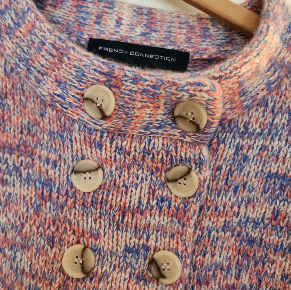French Connection Double Breasted Mock Neck Sweater Blue Pink Spring Wool Angora - Picture 9 of 11
